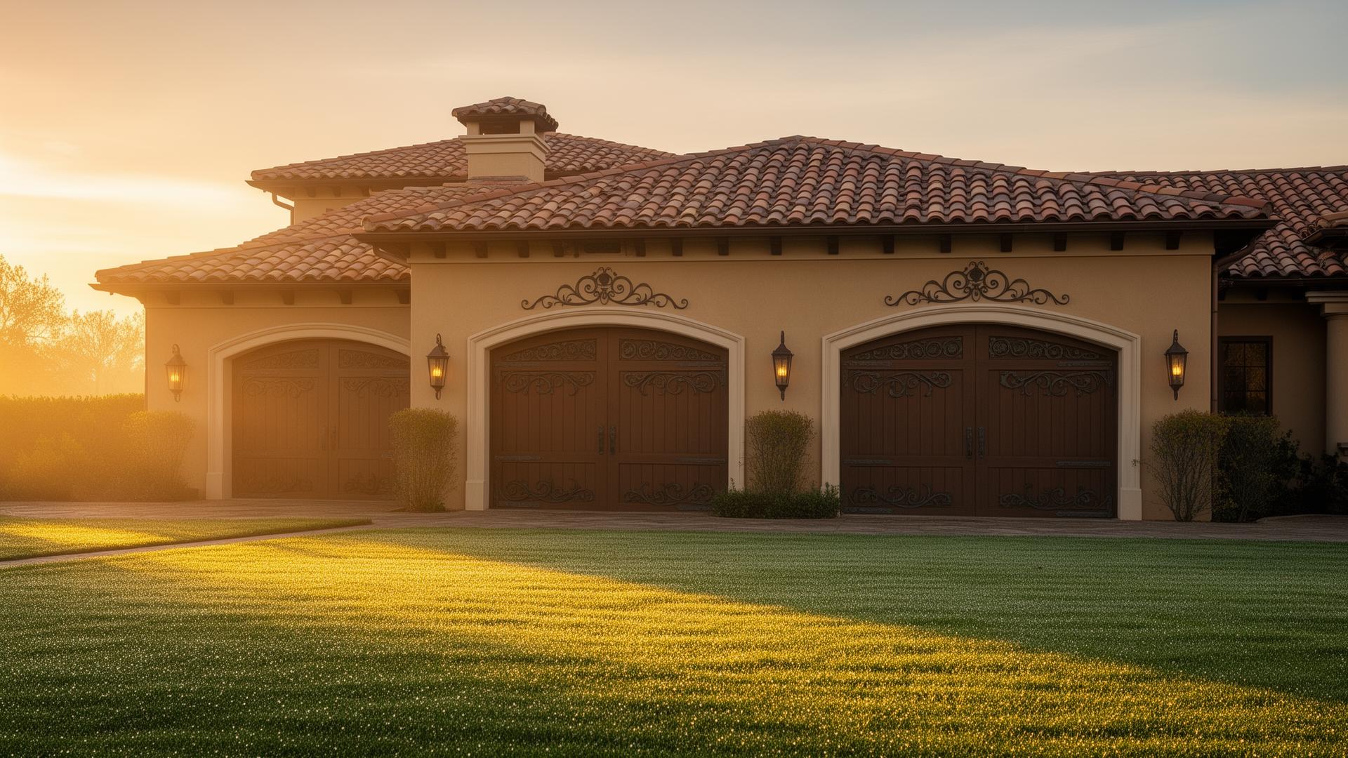 Luxury home with beautiful Victorian style garage doors at sunrise